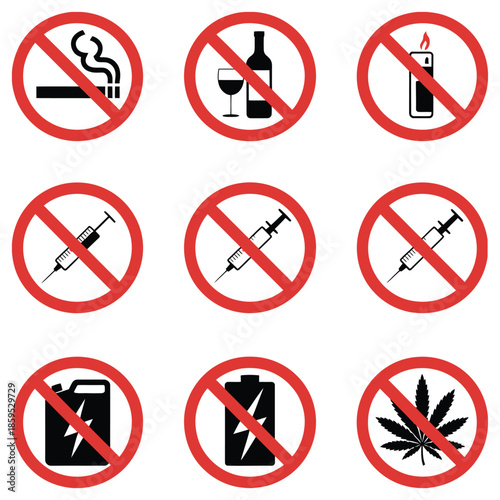 Prohibited signs icon set, no smoking, alcohol, vaping, syringe, cannabis, showing forbidden symbols, safety alerts, restriction icons, health warnings and minimal vector illustration