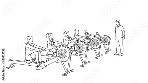 Group rowing class training with instructor in linear style