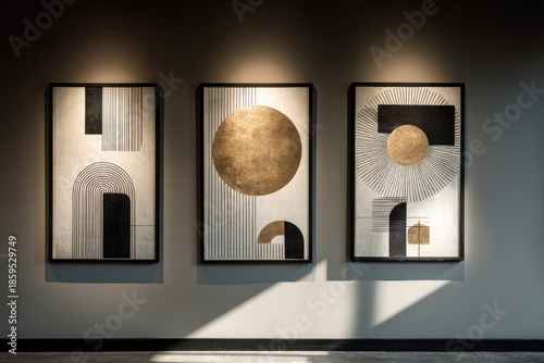 Three framed abstract artworks on a wall, illuminated with warm light and dark shadows