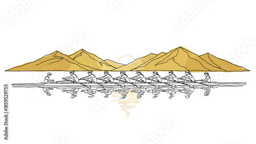 Linear rowing team with mountain background and reflection