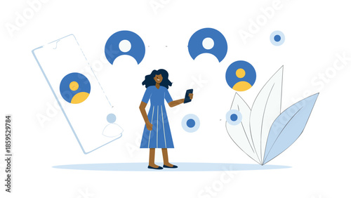 A woman in blue dress holding a smartphone surrounded by social media and communication icons and a large phone on white background with leaf