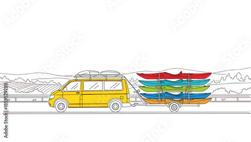 Colorful journey: camper van with kayaks on scenic highway adventure