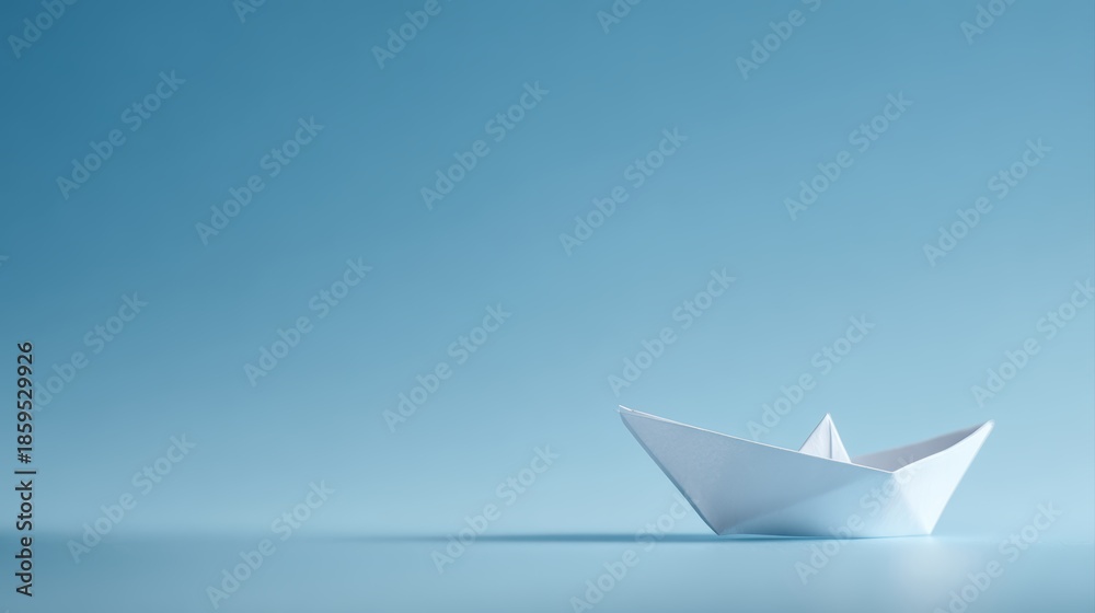 Obraz premium origami paper boat soaring in open blue sky, symbol of dreams ambition and freedom, minimal creative concept