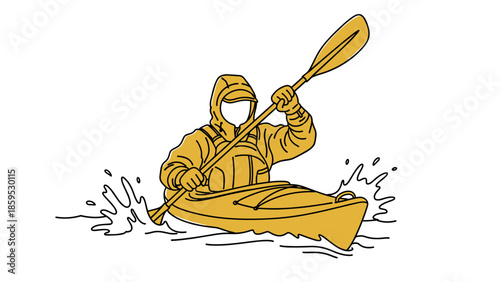 Kayaker in yellow jacket paddling through splashing waterline art
