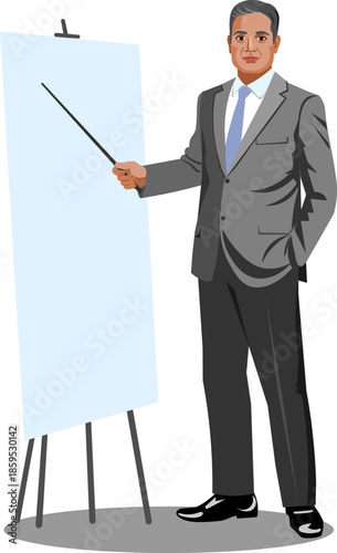 An Indian man stands with a pointer