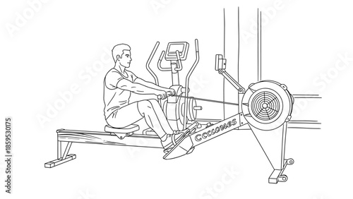 Man exercising on rowing machine in gym setting - linear fitness illustration