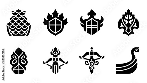 Collection of nordic viking symbols and shields in bold silhouette style