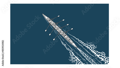 Overhead view of rowing team in motion on blue water background