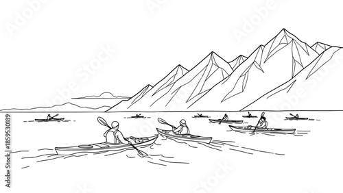 Kayaking adventure in mountains: line art of paddlers and scenic peaks