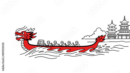 Dragon boat race with pagoda background in minimalist style
