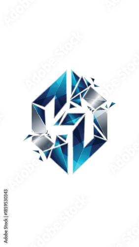 Abstract blue geometric hexagon with crystalline facets and sparkling crystalline shards.