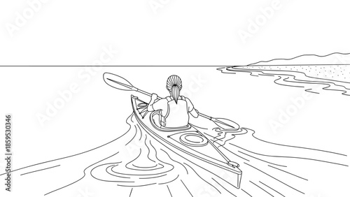 Kayaking adventure: linear art of person paddling in calm waters