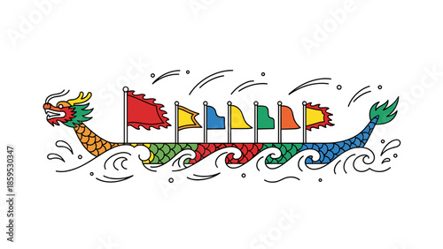 Colorful dragon boat with flags and waves in motion