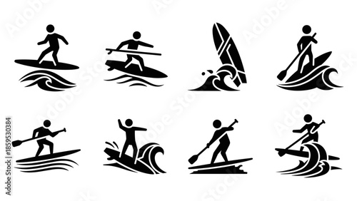 Silhouette surfing and paddleboarding icons set with waves and boards