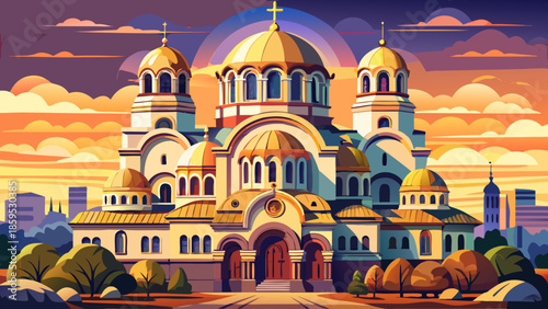Very beautiful view of Alexander Nevsky Cathedral in Sofia, Bulgaria, showcasing majestic domes, detailed Orthodox architecture, and a serene urban atmosphere under soft natural daylight.