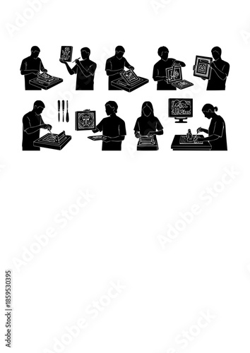 Handmade Craft Artisan Silhouette Focused on Linocut Carving for Traditional Maker Culture and Creative Hobby Concept Vector