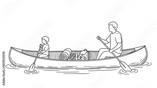 Father and child canoeing adventure in outline art style