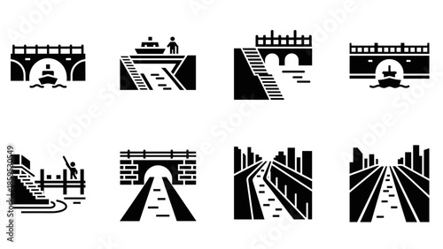 Minimalist bridge and railway icons collection for urban infrastructure design