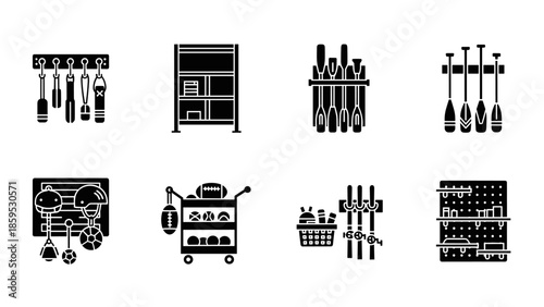 Silhouette icons of organized sports equipment in storage solutions