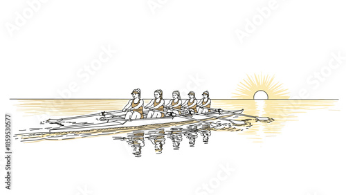 Team of rowers in boat at sunrise with reflections on calm water