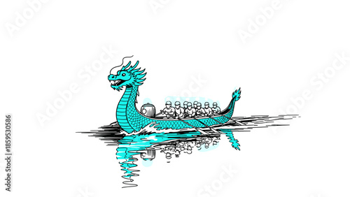 Dragon boat racing illustration with team paddling in water