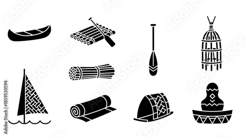 Collection of traditional watercraft and tools in silhouette style