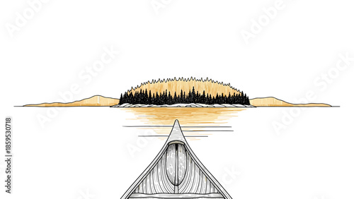 Canoe on calm lake facing pine tree island at sunrise in linear style