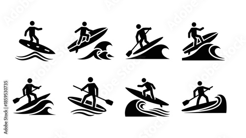Dynamic surfing and paddleboarding silhouettes: adventure water sports icons