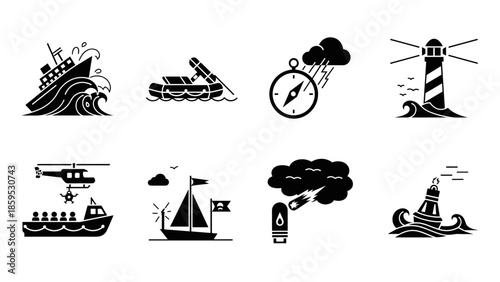 Maritime silhouette set: ships, compass, lighthouse, and weather icons