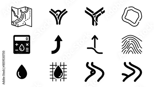 Black and white hydrology icons set with maps and rivers