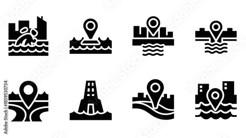 Location pin icons with waterfront cityscape and swimming elements
