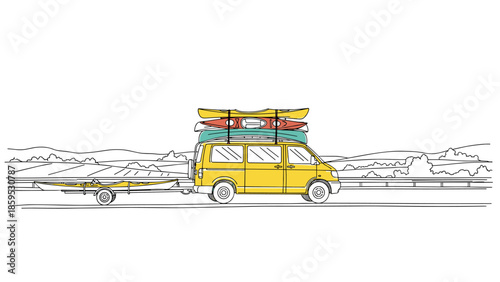 Line art camper van with kayaks and trailer on road trip adventure
