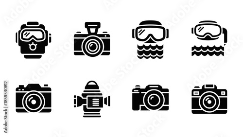Set of camera and diving gear icons in monochrome silhouette style