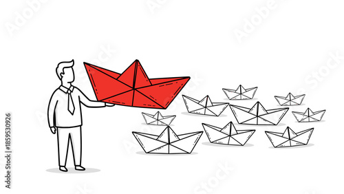 Leadership concept with red paper boat leading group in doodle style