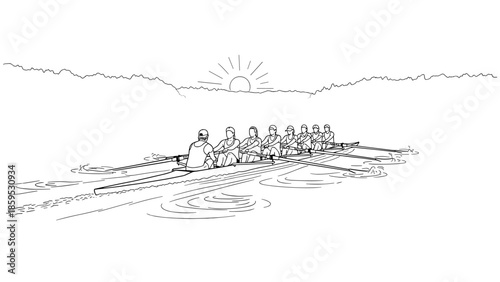 Team rowing at sunset: linear drawing of athletes on water