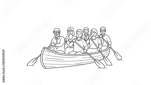 Teamwork and adventure: group rowing boat in simple line art