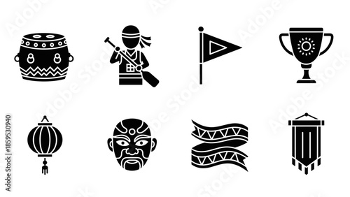 Black silhouette icons of traditional asian culture and competitive activities