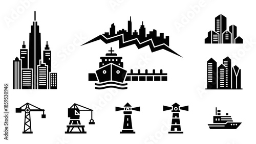 Silhouette urban landscape with skyscrapers, ships, and cranes