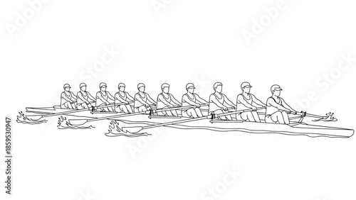 Teamwork in action: linear outline of rowing crew in synchrony on calm waters