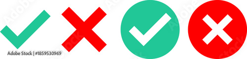 Green check mark, red cross mark icon set. Isolated tick symbols, checklist signs, approval badge. Flat and modern checkmark design, vector illustration.