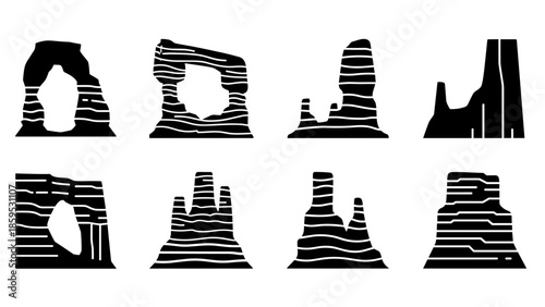 Silhouette desert rock formations with striped patterns