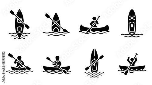 Set of silhouette kayaking and canoeing icons for outdoor and water sports enthusiasts