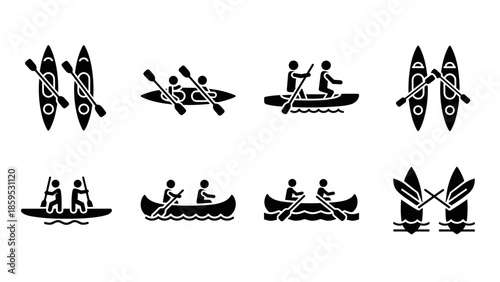 Canoe and kayak icon set: simple black and white silhouettes of water sports activities