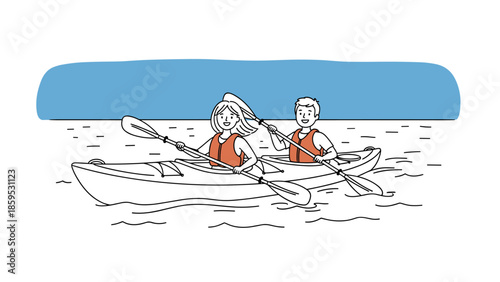 Happy couple kayaking in calm blue waters on a sunny day with clear sky