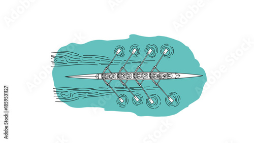 Minimalist linear rowers in canoe on water with splash effect