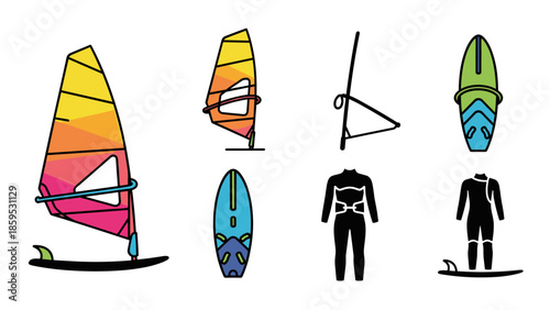 Colorful wind surf equipment set with wetsuit and board icons