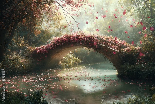 A dreamy stone bridge adorned with vibrant pink flowers cascading over a serene river as petals drift down in soft