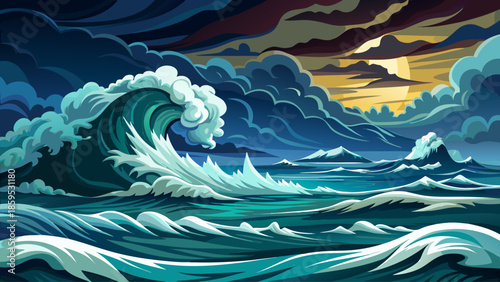 Stormy sea vector illustration with dramatic waves and dark clouds