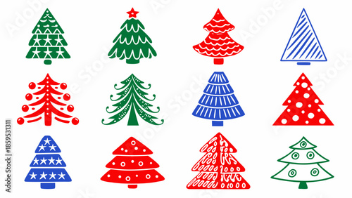 Colorful collection of various stylized christmas tree illustrations on a white background