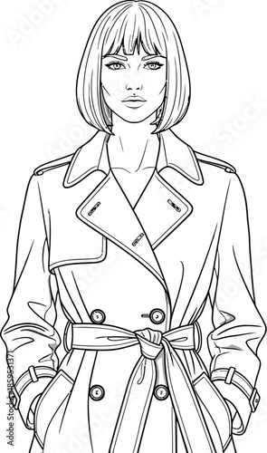 Fashion illustration of a stylish woman with short bob hair wearing a classic belted trench coat